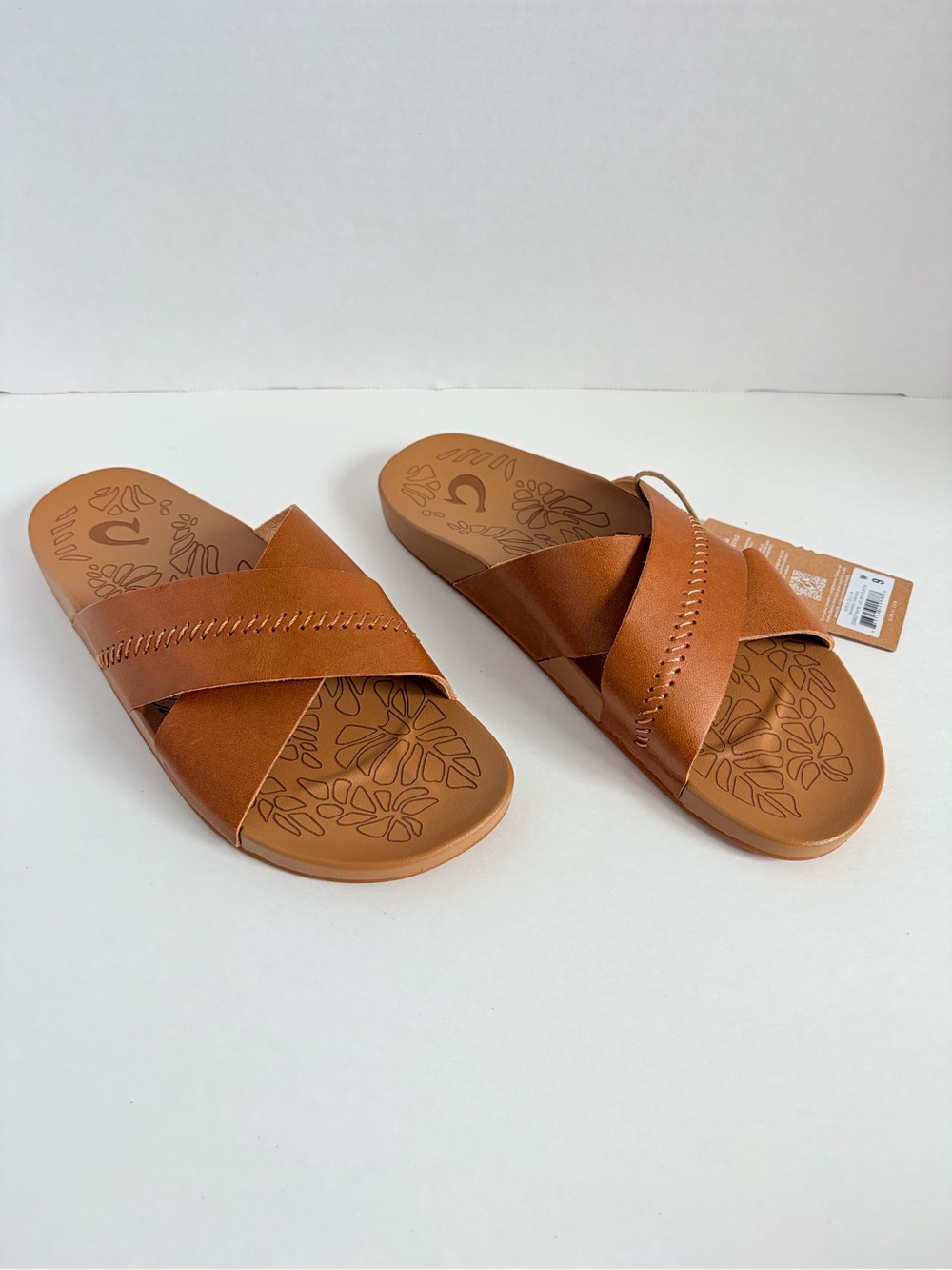 OluKai Kipea Olu Slide Sandals Cross Strap Shoes Cushioned Leather Brown Size 9 - Picture 13 of 15